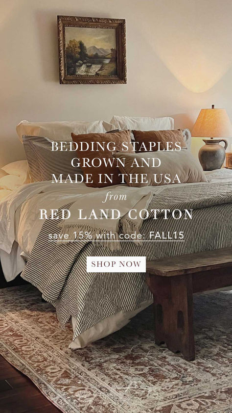 Red Land Cotton, Vintage Stripes, Bedroom Updates, Cottage Bedroom, Ticking Stripe, Master Bedrooms Decor, Living Room Inspo, Guest Bedrooms, Beautiful Bedrooms