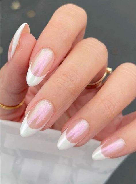 Dance Nails Formal, Crome Pink Nail French, Crome French White, Wedding Nails For Bride French, French Tip Nails Round Shape, French Tip Sparkle Nails, Sparkle French Nails, Dip Powder French Manicure, Cute Glitter Nails