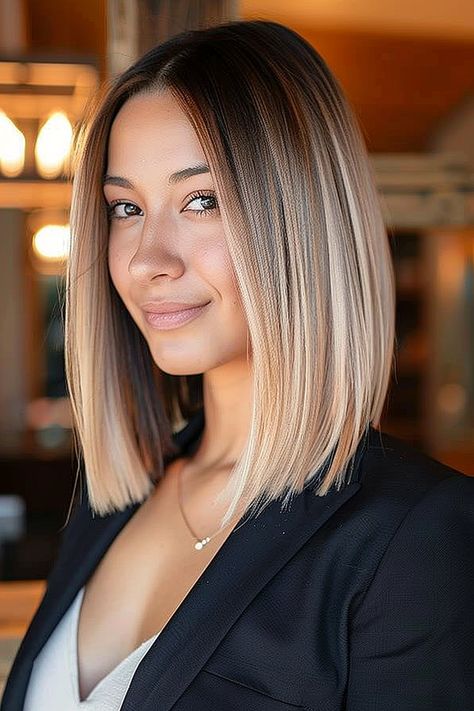 Straight Bob Hairstyles: 25 Chic Looks You Have to See Long Bob Straight Hair Brunette, Gigi Hadid Bob Hair, Medium Bob Balayage, Face Framing Highlights Straight Hair, Long Bob Hairstyles For Fine Hair, Medium Long Bob Hairstyles, Mid Bob Haircut, Round Face Bob Haircut, Long Bob Hair Styles