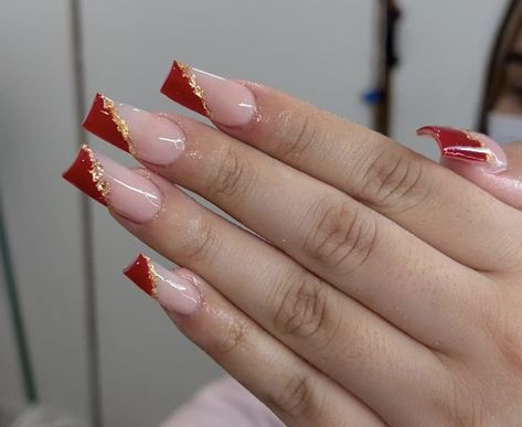 Red And Gold Nails Coffin, Red And Gold Nails Square, Red And Gold French Tip Nails, Red And Gold Nails Acrylic, Gold French Tip, Birthday Dinner Outfit, Red And Gold Nails, Gold Acrylic Nails, Ombre Nail