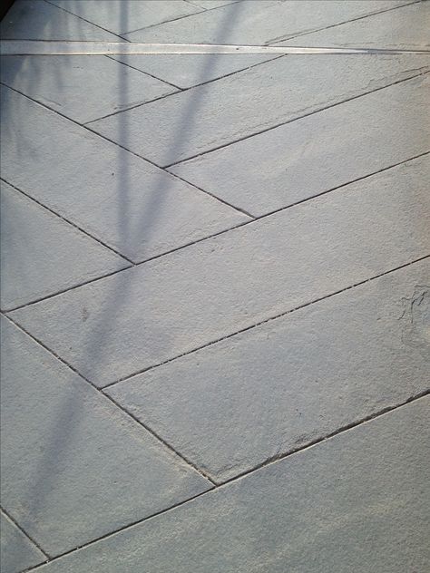 Stamped concrete herringbone pattern at the Getty Center Los Angeles, CA Herringbone Concrete Stamp, Herringbone Bluestone Patio, Concrete Patterns Patio, Concrete Scoring Pattern, Stamped Concrete Herringbone Pattern, Stamped Concert Patio, Herringbone Stamped Concrete, Getty Center Los Angeles, Concrete Patterns