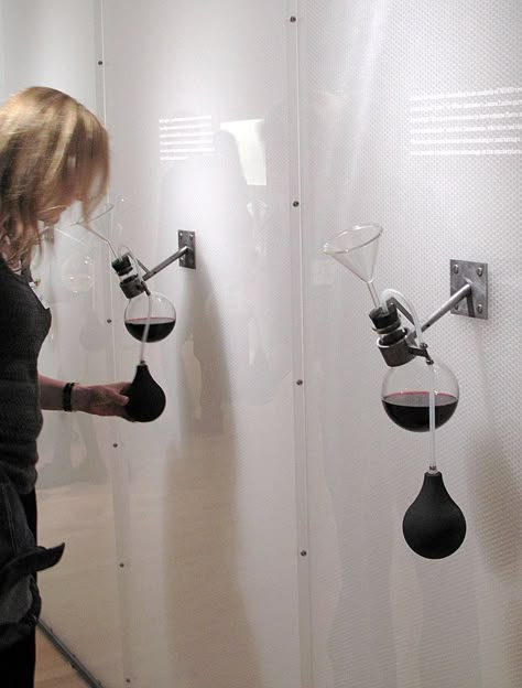 The "Smell Wall" is a clever design to learn to be a connoisseur of wine. The flask and pump can be easily used by all audiences without much thought. However the amount of reading and the minimalist design takes interest away and it takes out the educational element of the wall. Interactive Museum, Interactive Exhibition, Interactive Walls, Interactive Installation, Exhibition Display, Installation Design, Environmental Design, Cross Section, Exhibition Space