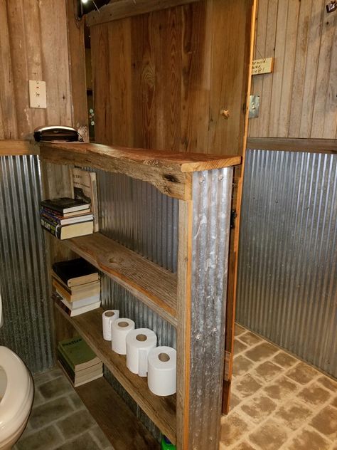 Rustic Basement Bathroom, Galvanized Metal Shower Walls, Cabin Toilet Ideas, Small Garage Bathroom Ideas, Western Bathroom Sink, Galvanized Bathroom Sink, Tin Shower Walls Rustic Bathrooms, Tin Bathroom Ideas, Corrugated Metal Bathroom