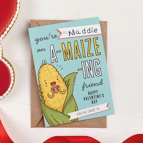 $2.58 | A-Maize-Ing Friend Corn Classroom Valentines Card #funny kids valentines, classroom valentines day cards, cute foodie kids, school valentines, kawaii corn on the cob, trendy viral, corny food puns, you're an amazing friend, a-maize-ing friend Corny Valentines Cards, Valentines Kawaii, Kids School Valentines, Corny Valentines, Valentines Card Funny, Corny Puns, Valentines Classroom, School Valentines, Classroom Valentines