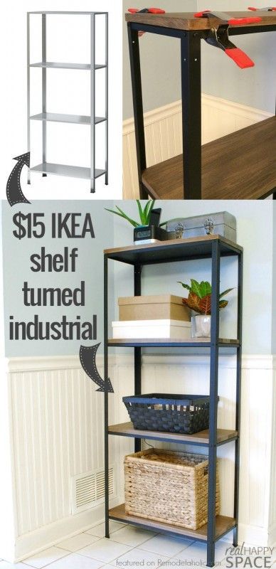 How to turn IKEA industrial -- from a cheap shelf to a beautiful wood and metal industrial style shelf Real Happy Space on @Remodelaholic Ikea Industrial, Cheap Shelves, Industrial Shelf, Hacks Ikea, Industrial Diy, Ikea Hack Ideas, Ikea Shelves, Decor Ikea, Diy Ikea Hacks