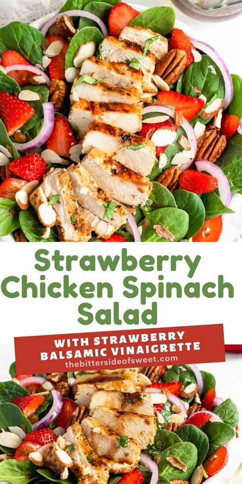 This easy Strawberry Chicken Spinach Salad is a delicious, complete meal! With marinated chicken, strawberries and a homemade vinaigrette! | The Bitter Side of Sweet Superfood Salads, Chicken Spinach Salad, Strawberry Chicken, Strawberry Chicken Salad, Spinach Salad With Chicken, Homemade Vinaigrette, Salad With Chicken, Spinach Salad Recipes, Chicken Spinach