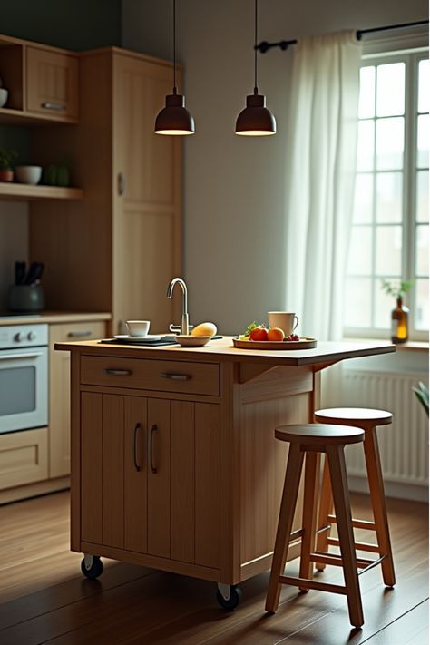 Multifunctional mobile island in small kitchen setting Tiny Kitchen With Island, Tiny Kitchen Island, Floating Kitchen Island, Petite Kitchen, Island On Wheels, Tiny Kitchens, Kitchen Island On Wheels, Foldable Furniture, Kitchen Tech