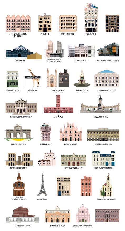 Europe Building Architecture, Architecture Stickers, Europe Building, Europe Buildings, Types Of Buildings, Travel Brochure Design, Skyline Drawing, Europe Architecture, Architecture Icons