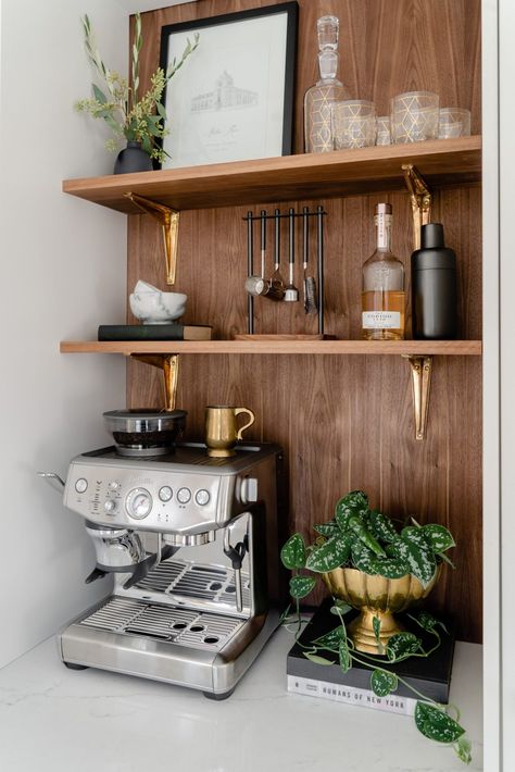 CUSTOM WALNUT COFFEE BAR - The LKS Address Benjamin Moore Pashmina, Dated Kitchen, Coffee Shelf, Benjamin Moore Classic Gray, Coffee Station Kitchen, Coffee Bar Station, Coffee Bar Design, Kitchen Desks, Walnut Shelves