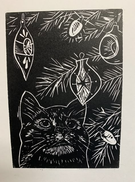 Holiday card lino print with my cat Lucky and some retro holiday ornaments. Carved in lino and printed with Caligo ink. Christmas Lino Print, Lino Christmas, Christmas Linocut, Linocut Christmas, Block Printing Ideas, Lino Print Ideas, Black Cat Christmas, Linocut Ideas, Lino Block