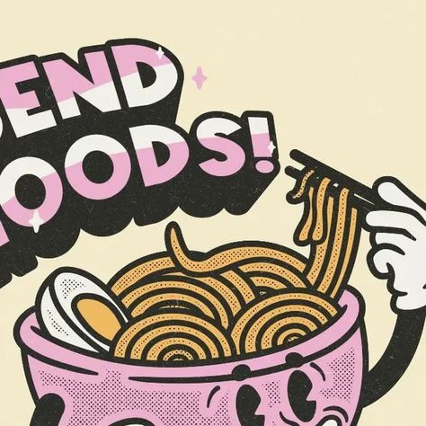 LUVEW | Design Studio on Instagram: "I could live off eating noodles everyday. 🍜 #graphicdesign #graphidesigner #noodles #noodlesoup #characterdesign #30sstylecartoons #characterinspiration #oldschool #characterdesignmotivation #vectorart #vectorillustration #vintagedesign #cartoons #cartoonbrew #rubberhosestyle #illustartion #illistrator" Noodle Character Design, Ramen Cartoon, Noodle Illustration, Noodles Illustration, Noodle Design, Illustrations Ideas, Eating Noodles, Design Motivation, Food Cartoon