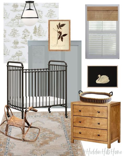 Iron Crib Nursery, Hobbit Room, 2023 Nursery, Antique Nursery Decor, Nursery Mood Board, Bold Nursery, Hidden Hills Home, Vintage Nursery Boy, Boy Nursery Design