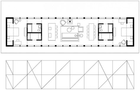 House Forest, Narrow House Plans, Modern House Floor Plans, Contemporary Barn, Modern Floor Plans, Long House, Kitchen Interiors, Architectural Floor Plans, Narrow House