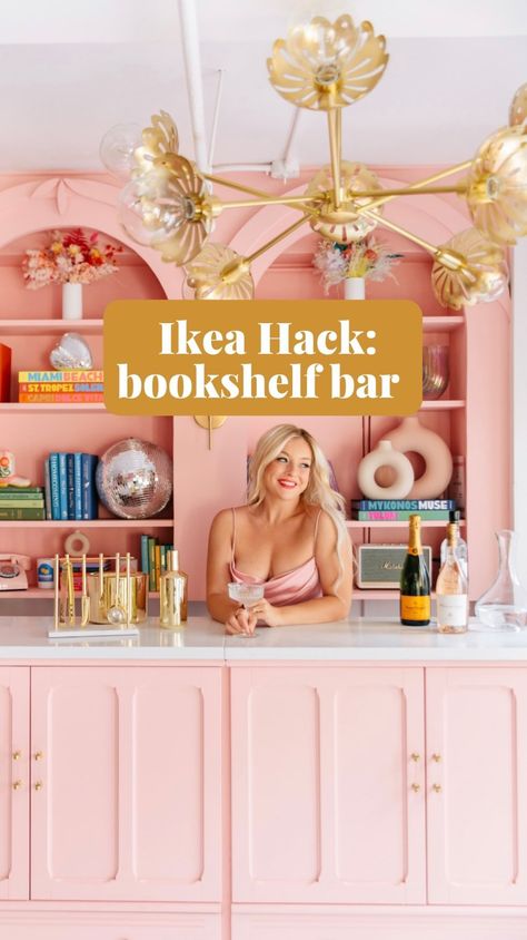 dream loft studios | save this post for later 💾 ikea hack: secret bar bookshelves 🍸📚 perfect for small spaces that can serve multiple purposes! 🫶 We used 3… | Instagram Bookshelf And Bar, Dry Bar Ikea Hack, Ikea Dry Bar, Pink Home Bar, Dream Loft Studios, Bookshelf Bar Ideas, Ikea Bar Hack, Ikea Hacks Bookshelves, Bar For Small Space