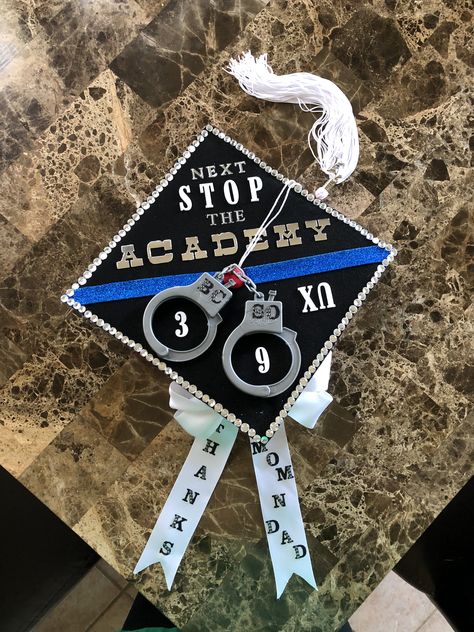 Grad cap. Criminology. Law enforcement. Police academy. Graduation Cap Designs Police, College Grad Cap Ideas Criminology, Criminology Cap Decoration, Police Graduation Pictures, College Graduation Pictures Criminology, Grad Cap Ideas Criminology, Police Grad Cap, Graduation Cap Criminology, Law Enforcement Graduation Cap