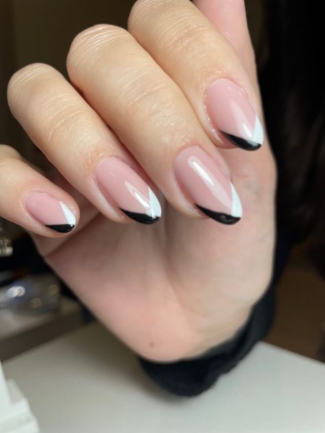 Blake French Nails, Alternative French Nails, Half French Tip Nails, Double Line French Tip Nails, Black And White French, White Almond Nails, Black Almond Nails, White French Nails, Summer Gel Nails