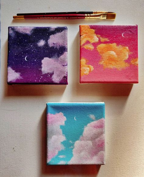 Short Canvas Painting Ideas, Tiny Square Paintings, 3 Small Canvas Painting Ideas, Tiny Canvas Ideas, Tiny Paintings Ideas, Moon And Trees, Cloud And Moon, Tiny Paintings, Origami Patterns