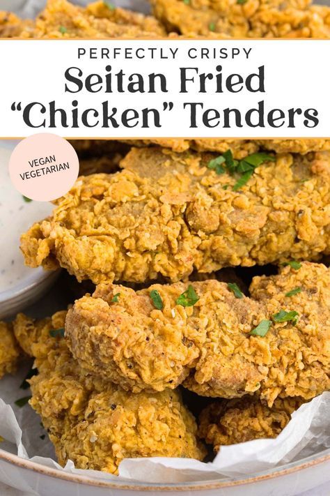 These crispy seitan fried "chicken" tenders are the perfect vegan alternative to traditional chicken strips. Featuring a tender "meat" made from homemade seitan and a crispy vegan buttermilk breading that fries up beautifully. Seitan Fried Chicken, Vegan Buttermilk, Seitan Chicken, Homemade Seitan, Vegan Meat Recipe, Chicken Strip Recipes, Vegan Fried Chicken, Seitan Recipes, Vegan Fries