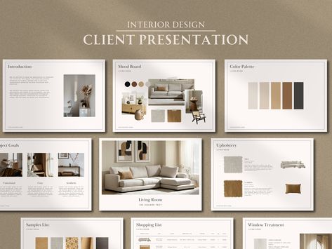 This template is editable in Adobe InDesign, Canva and PowerPoint, where you can customise everything from fonts, to color, add or delete text, add your own images and more. ♢ What exactly is an interior design presentation? It's a carefully crafted visual representation of your design concept that showcases your vision for the space. A well-executed presentation can help your clients visualize the potential of the space and create excitement around the project. By investing in an interior desig Template Interior Design, Palette Furniture, Interior Design Template, Interior Design Presentation, Project Presentation, Design Presentation, Concept Board, Interior Design Mood Board, Mood Board Design