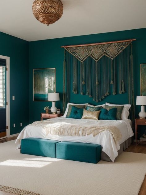 Emerald Green Bedroom Inspiration, Jewel Green Bedroom, Peacock Green Bedroom, Emerald Green Bedroom Walls, Emerald And Gold Bedroom, Jewel Coloured Bedroom, Emerald Bedroom Ideas, Jewel Tone Bedding, Emerald Green And Gold Bedroom