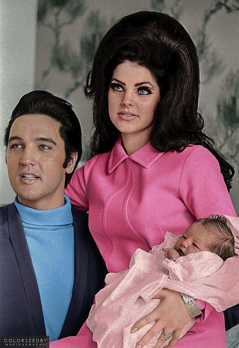 https://flic.kr/p/Ce53y6 | Elvis Presley, Priscilla Presley and Lisa Marie. | Priscilla and Elvis met in November 1959 at a party at Elvis' off-base residence in Bad Nauheim in Germany. She was 14 1/2 years old. Priscilla moved to Graceland in early 1963. Elvis formally proposed marriage to Priscilla in December 1966 and gave her an engagement ring with a three-and-a-half-carat diamond that was surrounded by a detachable row of smaller diamonds. Elvis and Priscilla were married on May 1, 196... Elvis And Priscilla Presley, Young Priscilla Presley, Colorized Historical Photos, Elvis Presley Priscilla, Elvis Presley Family, Joseph Jackson, Elvis And Priscilla, Elvis Presley Photos, King Of Pop