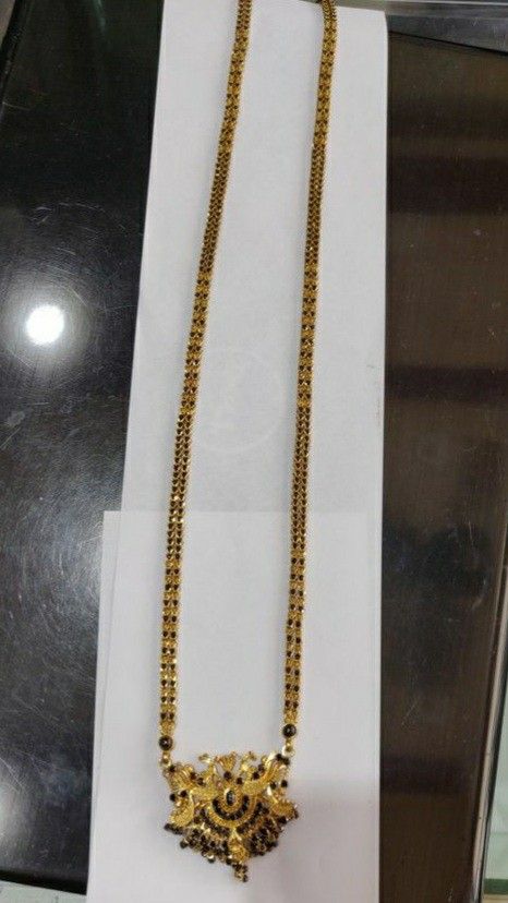 Blackbeeds Chain Long Gold, Long Black Beads Chain Indian, Nalla Pusalu Designs Latest Long, Nallapusalu Long Chain Designs, Black Beads Long Chain Designs, Long Nallapusalu, Nallapusalu Designs Gold Long, Pretty Gold Necklaces, Gold Earrings For Kids