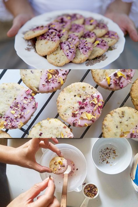 Pistachio Rose Shortbread Cookies, Rose And Pistachio Cookies, Pistachio Rose Dessert, Baking With Flowers, Pistachio Rose Cookies, Rose Butter Cookies, Rose Shortbread Cookies, Cookies With Flowers, Rose Petal Cookies