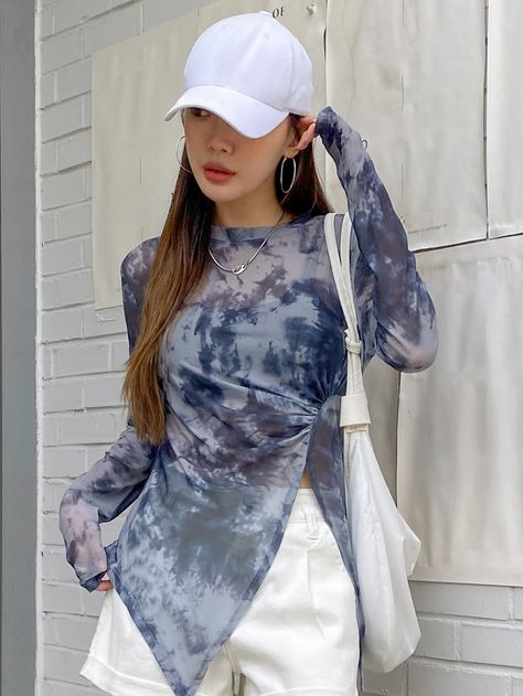 Disclaimer: Due To The Specialized Dye Process Each Garment Is UniqueTie Dye Ruched Split Hem Top Blue and White Casual  Long Sleeve Mesh Fabric Tie Dye  Medium Stretch  Women Clothing, size features are:Bust: ,Length: ,Sleeve Length: