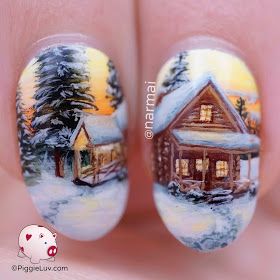 Landscape Nail Art, House Nail Art, Cabin Landscape, Nail Ink, Nail Art Noel, Snow Nails, Nail Art For Beginners, Gel Nails Diy, Nail Polish Art