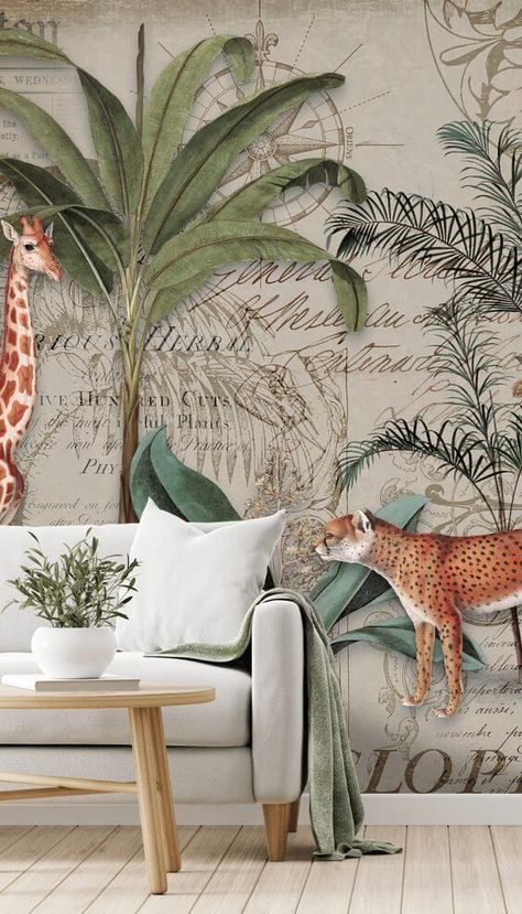 Create an impact in your green living room with this striking jungle wallpaper mural. The cool, muted tones mixed with vibrant jungle hues make this mural beautiful. The understated green tones would be perfect for your living room. Pair it with an off white sofa with exposed wooden legs to heighten the jungle theme. Add in sage green pillows for a pop of colour! Tropical Murals, Fabulous Wallpaper, Jungle Prints, Fresh Vibes, Wall Pop, Going Nowhere, Green Couch, Living Room Wallpaper, Forest Wall Mural