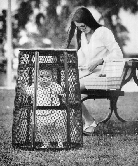 Mom Uses A Trash Can To Contain Her Baby While She Crochets In The Park, 1969 Dishcloth Crochet Pattern, Historical Moments, Babe Ruth, History Pictures, Jane Fonda, World Photo, Old Pictures, Old Photos, The Park