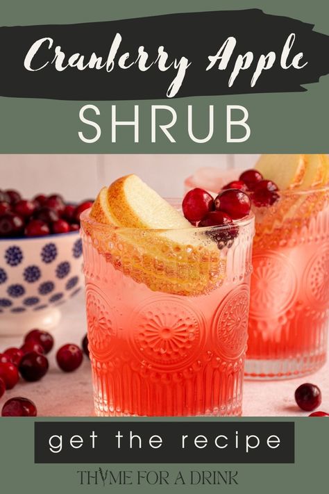 Cranberry Apple Shrub - Thyme For A Drink Cranberry Shrub Recipe, Shrub Mocktail Recipe, Apple Shrub Recipe, Cranberry Shrub, Apple Shrub, Shrub Drink, Shrub Recipe, Easy Mocktail Recipes, Drinking Vinegar