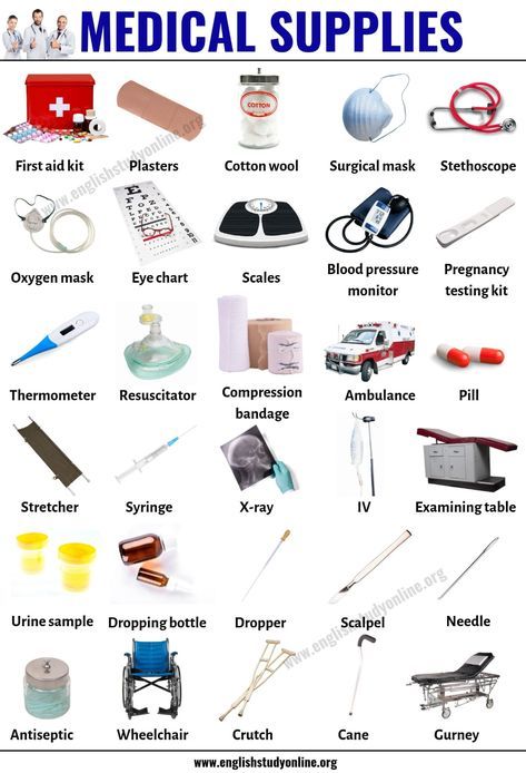 Medical Supplies: Useful List of 30 Medical Equipment in English - English Study Online Medical Tips, Medical Words, Medical Tools, English Vocab, English Language Teaching, English Writing Skills, Medical Knowledge, Learn English Vocabulary, English Vocabulary Words Learning