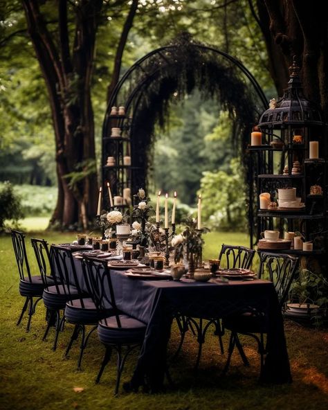 Dark Garden Party Aesthetic, Dark Nature Wedding Theme, Gothic Wedding Outdoor, Enchanted Gothic Wedding, Gothic Fairy Wedding Ideas, Dark Wedding Ideas Goth, Nature Goth Wedding, Autumnal Gothic Wedding, Gothic Enchanted Forest Wedding