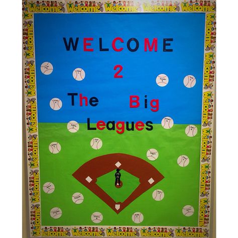 Baseball bulletin board Baseball Bulletin Board, Sports Classroom Decorations, Sports Bulletin Boards, Pta Bulletin Boards, Physical Education Bulletin Boards, School Wide Themes, Sports Classroom, Welcome To Our Team, Sports Theme Classroom