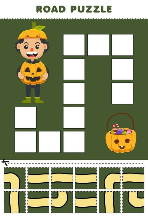 Education game for children road puzzle help pumpkin boy move to the pumpkin bucket printable halloween worksheet Halloween Montessori Activities, Tea Activities, Halloween Worksheet, Montessori Math Activities, Halloween Worksheets, Pumpkin Bucket, Game For Children, Montessori Math, 3d Vector