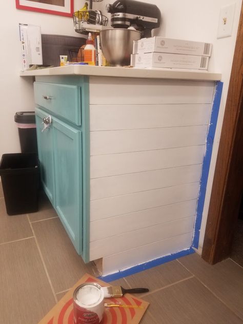 Shiplap Cabinet Ends, Shiplap On Cabinet Ends, Shiplap Side Of Cabinet, Cabinet End Upgrade, Kitchen Cabinet End Cap Ideas, End Panel Cabinet Ideas, Kitchen Cabinet End Ideas, Shiplap Cabinets Kitchen, Peel And Stick For Cabinets