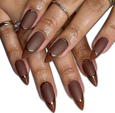 Gold And Bronze Nails, Coffin Shape Brown Nails, Matte Brown Nails Design, Matte Chrome Nails, Gold And Brown Nails, Brown Matte Nails, Brown Gold Nails, Bronze Nails Designs, Matte Brown Nails