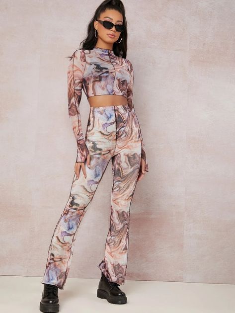 Mock-Neck Lettuce Trim Marble Print Mesh Top & Pants Set | SHEIN USA Mesh Set Outfit, Mesh Outfit Ideas, Marble Print Fashion, Marble Outfit, Marble Dress, Ideas Picnic, Rave Review, Mesh Outfit, Pattern Outfits