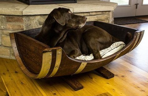 (paid link) The dog house diy - Episode Guide Creative Dog Bed, Barrel Dog Bed, Wine Barrel Dog Bed, Rustic Dog Beds, Cowboy Bar, Barrel Ideas, Barrel Projects, Puppy Crate, Wine Barrel Furniture