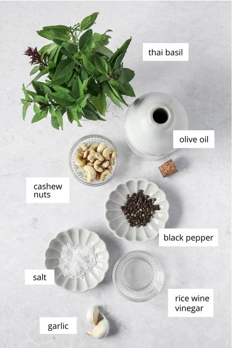 Thai Basil Pesto - Encore & More Pesto With Cashews, Thai Basil Pesto, Thai Basil Recipes, Basil Pesto Recipes, Basil Olive Oil, Meat Pasta, Basil Recipes, Thai Basil, Rice Wine Vinegar