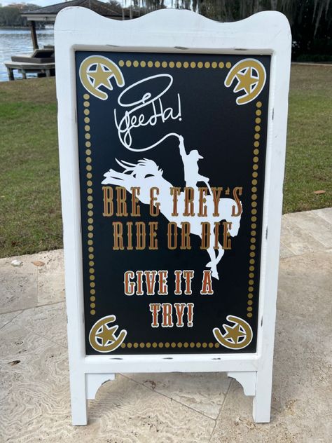 Yes of course they had a mechanical bull at their chic Western engagement party! 🤍🐂💍 “Ride or Die” Rodeo Engagement Party, Western Engagement Party Ideas, Mechanical Bull Wedding, Mechanical Bull Party, Bull Riding Birthday Party, Western Engagement Party, Engagement Party Sign, Engagement Party Themes, Texas Theme