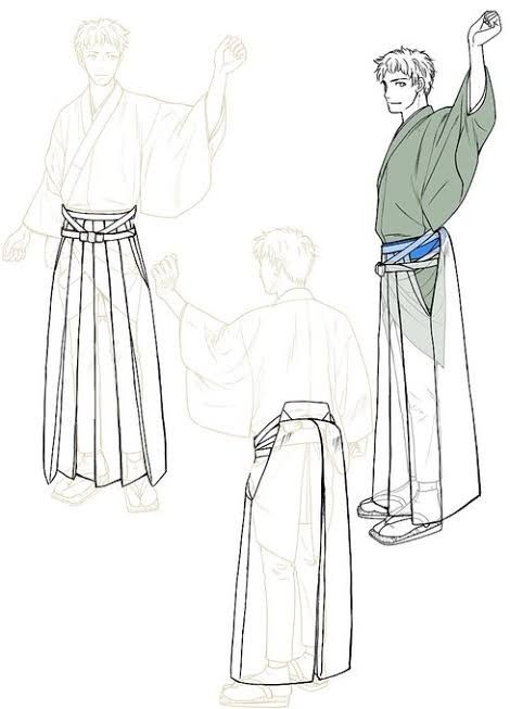 Hakama Pants Drawing, Kimono Sleeve Drawing, Haori Drawing Reference, Samurai Clothes Reference, Male Kimono Drawing, Kimono Side View, Yukata Male, Samurai Clothing, Japanese Traditional Clothing