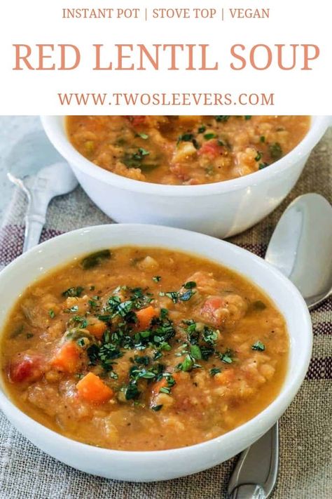 This Red Lentil Soup recipe is not just good, it's also good for you, and very easy to make in your pressure cooker or on the stove! Red Lentil Soup | Red Lentil Soup Recipe | Lentil Soup Recipe | Pressure Cooker Lentil Soup | Instant Pot Lentil Soup | Instant Pot Lentils | Instant Pot Lentils Recipe | Lentil Soup | TwoSleevers #redlentilsoup #instantpotsoup #lentilsouprecipe #lentilsoup #pressurecookersoup Lentil Soup Instant Pot, Instant Pot Lentils, Pressure Cooker Lentils, Lentil And Bacon Soup, Instant Pot Lentil Soup, Lentils Instant Pot, Lentils And Sausage, Red Lentil Soup Recipe, Red Split Lentils