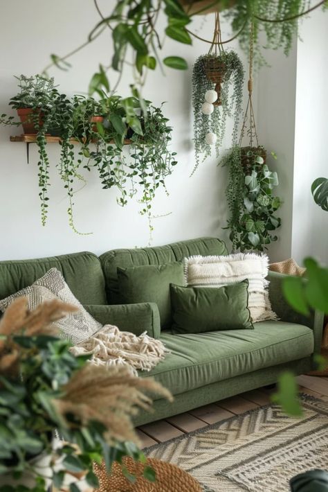 Plants On Green Wall, Small Conservatory Ideas, Boho Beach Bungalow, Decor Above Tv, Earthy Bedrooms, Minimalist Boho Living Room, Jungle Living Room, Arch Living Room, Small Living Ideas