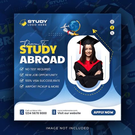 Premium PSD | Study abroad social media instagram post design higher education web banner square flyer template Study Abroad Flyer Design, Educational Flyer, Social Media Post Design Templates, Instagram Post Design, Education Banner, Education Design, Web Banner, Post Design, Banner Template