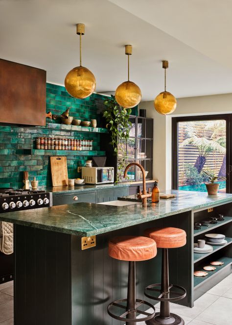 Green Granite Countertops, Dark Green Tile, Backsplash Kitchen Ideas, Green Tile Backsplash, Grout Colors, Green Subway Tile, Christine Andrew, Green Backsplash, Colorful Backsplash