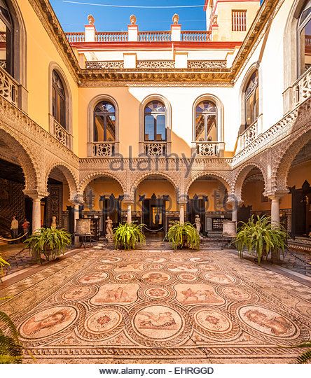 Roman Courtyard, Roman Mosaics, Floor Mosaic, Mediterranean Architecture, Roman Mosaic, Seville Spain, Courtyard House, Mosaic Flooring, Courtyard Garden