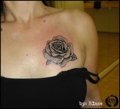 Rose tattoo by Blaze www.facebook.com/zentattoozagreb Rose On Chest Tattoo For Women, Rose Tattoos For Women Chest, Chest Rose Tattoo Female, Rose Tattoo On Chest Female, Rose Chest Tattoos Female, Rose Tattoo On Chest, Shoulder Chest Tattoo Female, Rose Tattoo On Shoulder, Shoulder Cover Up Tattoos