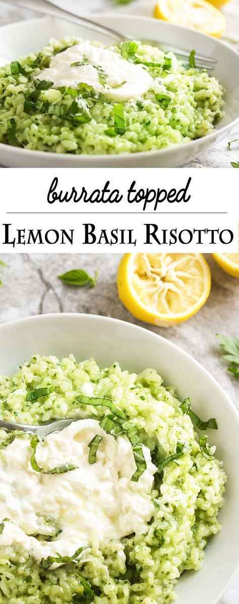 Lemon basil risotto is topped with a luxurious swirl of creamy burrata in this… Risotto Pesto, Quiche Chorizo, Paella Recept, Basil Risotto, Spinach Basil Pesto, Lemon Basil, Risotto Recipes, Meatless Monday, Rice Dishes